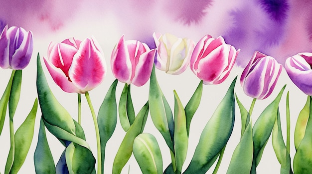 watercolor picture card pink and white tulips