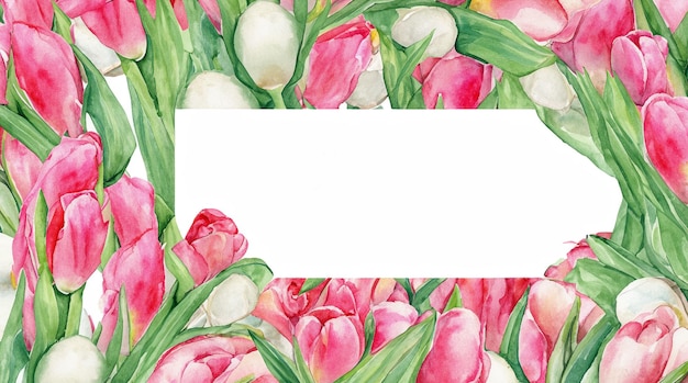 watercolor picture card pink and white tulips