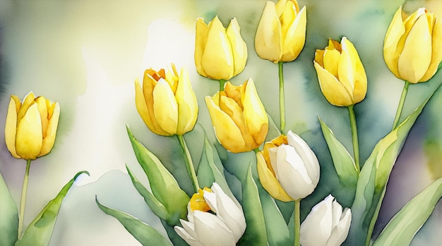 watercolor picture card yellow and white tulips