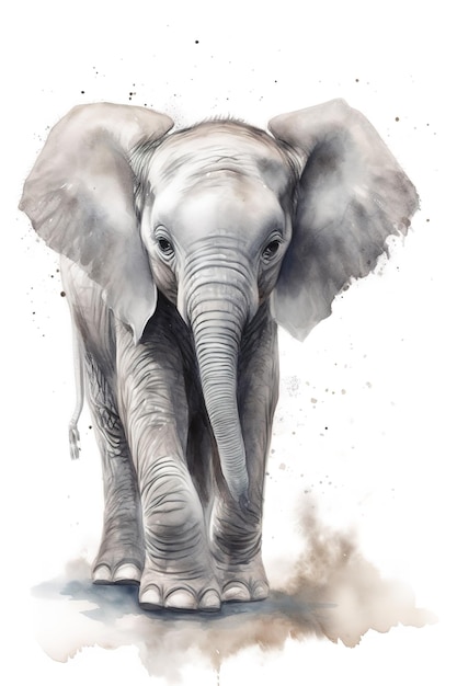 Watercolor picture of an elephant on white background.