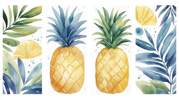 Photo watercolor pineapple and tropical leaves illustration