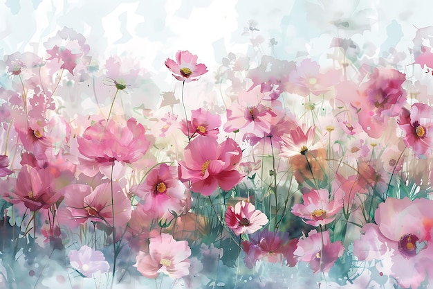 Watercolor Pink Cosmos Flowers