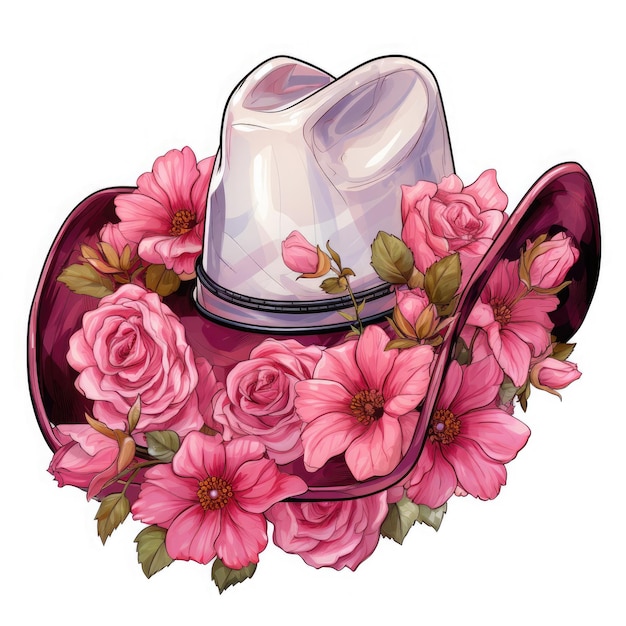 Photo watercolor pink cowgirl hat with roses clipart illustration generative ai