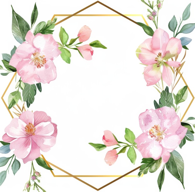 Watercolor pink floral wreath with green leaves on golden hexagon frame