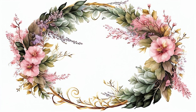 Watercolor pink flower frame background with leaves Generative AI