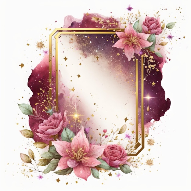 Watercolor pink flower with golden frame