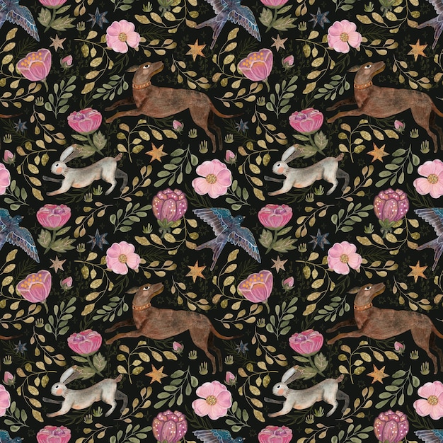 Watercolor pink flowers and a dog Seamless pattern