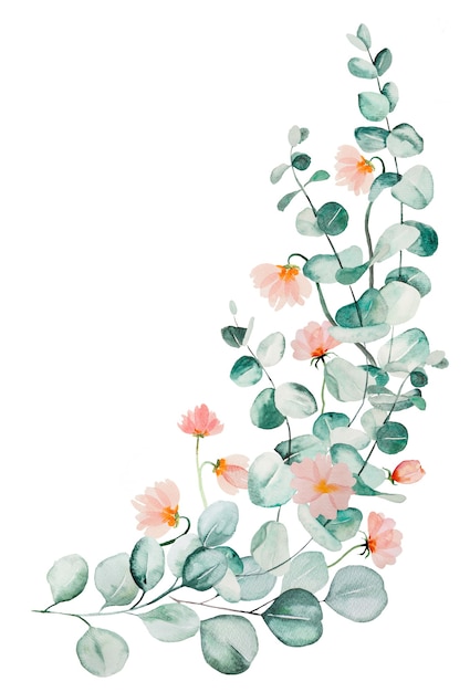 Watercolor pink flowers and green eucalyptus leaves bouquet illustration isolated