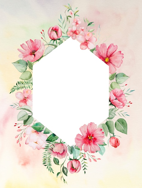 Watercolor pink flowers and green leaves frame card romantic illustration with watercolor background. For wedding stationary, greetings, wallpaper, fashion, posters