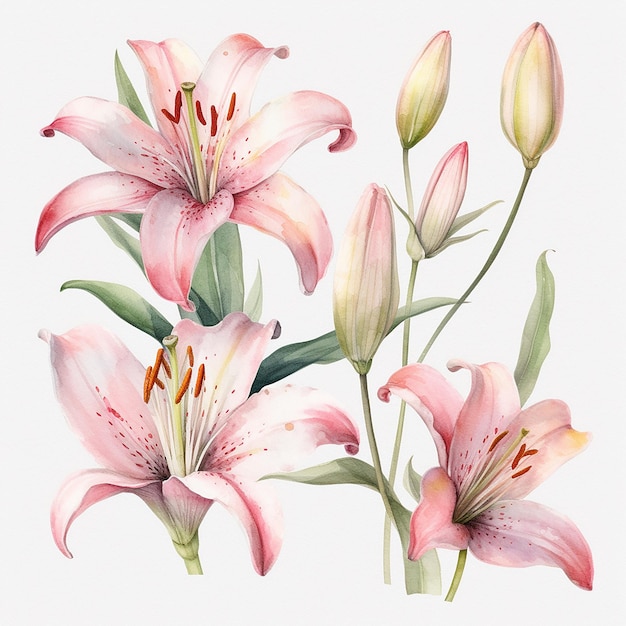 Watercolor pink lily isolated on a white background