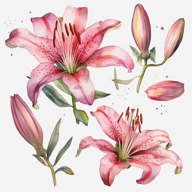 Watercolor pink lily isolated on a white background