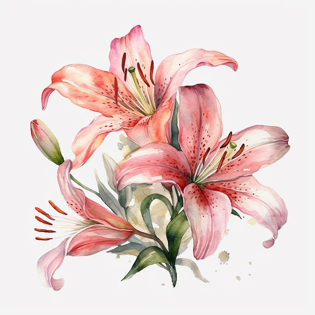 Watercolor pink lily isolated on a white background