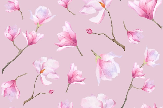 Watercolor pink magnolia seamless floral pattern For wallpaper wrapping print Womens day Background