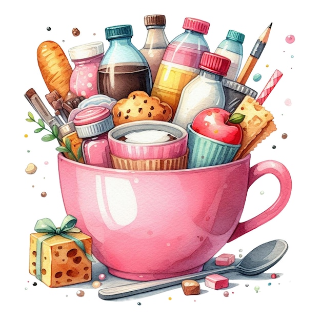 Watercolor Pink Mug with Various Items