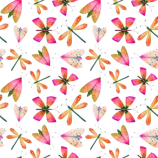 Watercolor pink orange butterfly dragonfly moth seamless pattern Flying insect repeat print on white