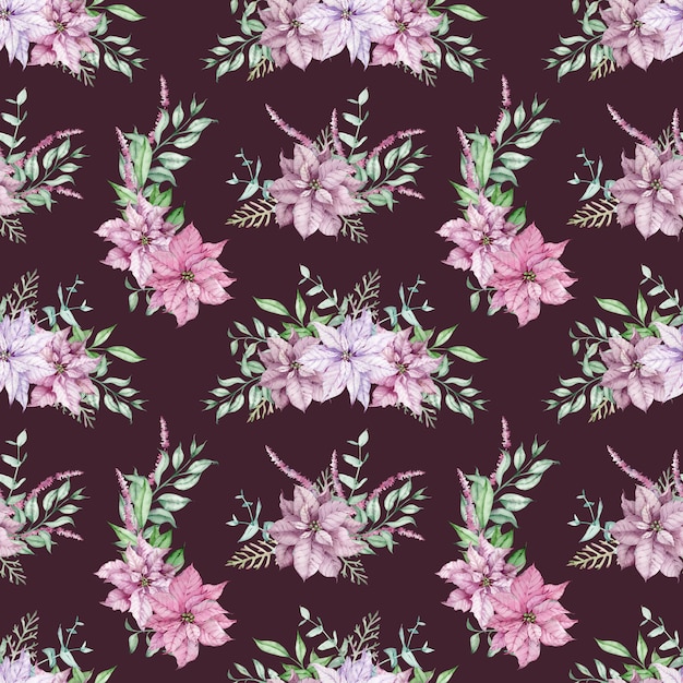 Watercolor pink poinsettia and eucalyptus branches seamless pattern. Christmas flower background. Festive endless pattern with pink and violet flowers, green leaves.