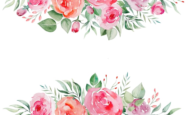 Watercolor pink and red roses flowers and leaves border