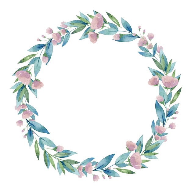 Watercolor pink roses floral wreath isolated on white background