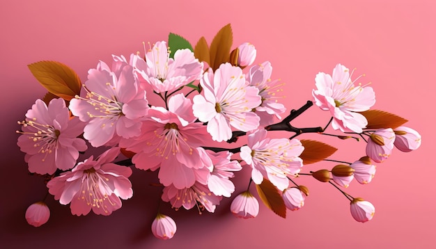 Watercolor pink sakura blooming flowers art print on a pink background