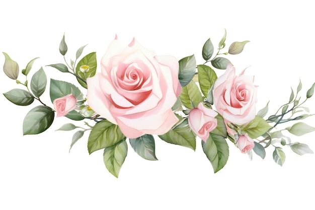 Watercolor pink and white rose with green leaves isolated on white background