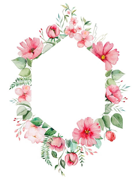 Watercolor pink wild flowers and green leaves frame  Illustrations