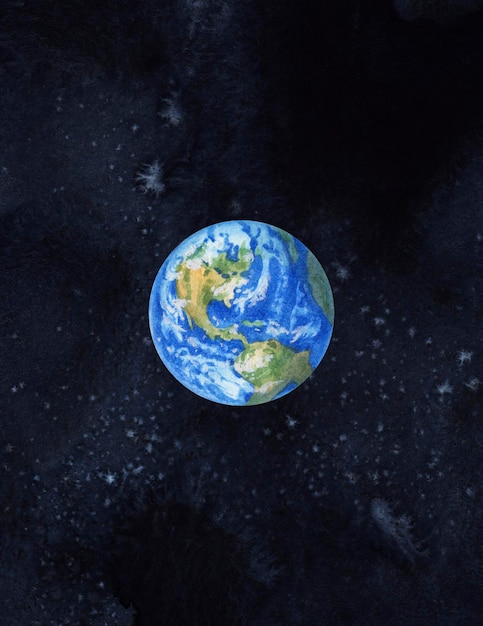 Watercolor planet earth on the black starry background, space.