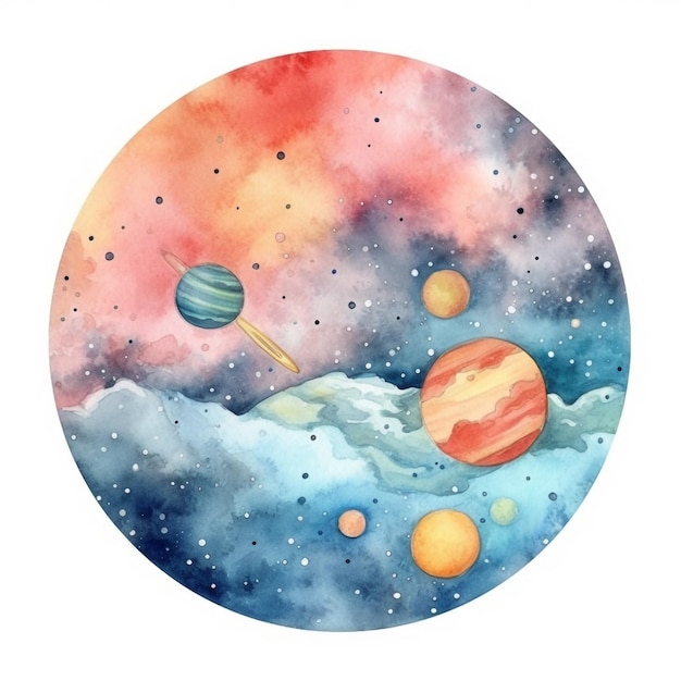 Watercolor planets in a circle with stars and nebula in the background. watercolor planets in a circle with stars and nebula in the background. space illustration stock illustration