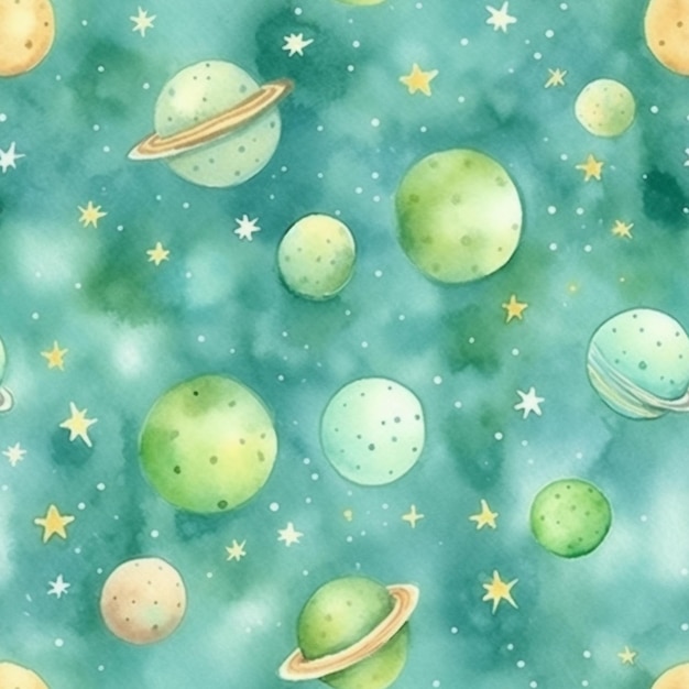 Watercolor planets and stars on a blue background