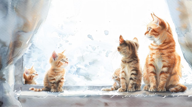 Watercolor of Playful Cats Family in a Snowy Window