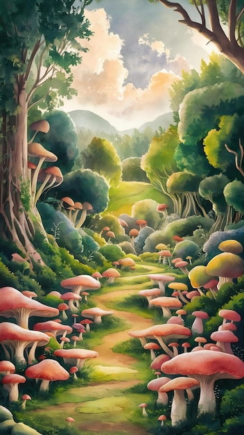 Photo watercolor pnting of a forest with a mushroom path