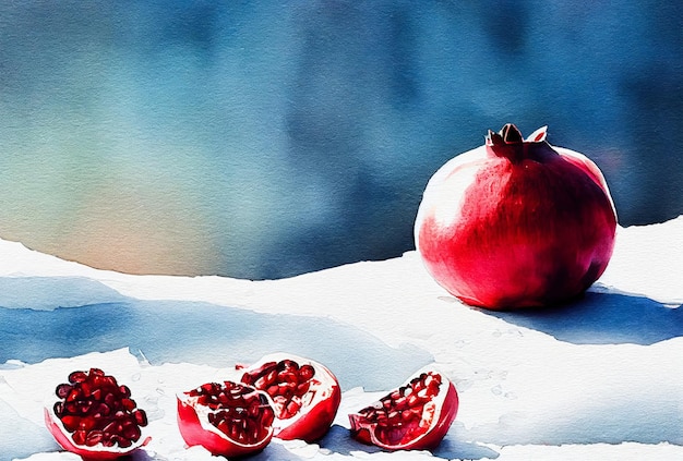 Watercolor pomegranates on snow interior poster