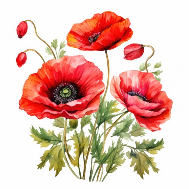 Watercolor poppy flowers background