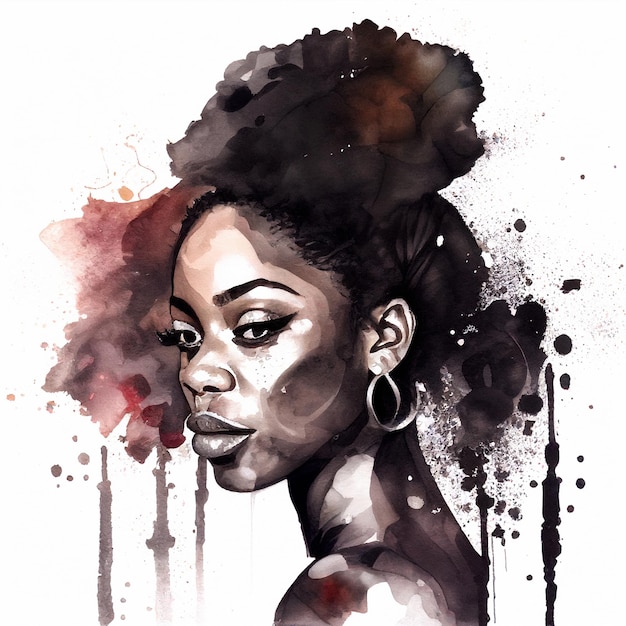 Photo watercolor portrait of black woman illustration african american beautiful young lady with black watercolor paint splashes