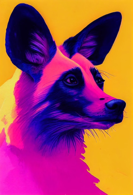 Watercolor portrait of cute African wild dog land animal