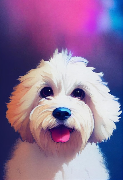 Watercolor portrait of cute Coton de Tulear Dog