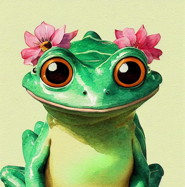 Watercolor portrait of cute frog land animal