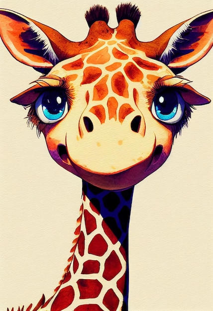 Watercolor portrait of cute Giraffe land animal