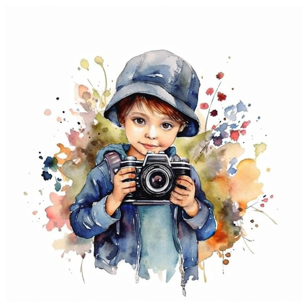 watercolor portrait of a cute little boy holding a camera with flowers on white background