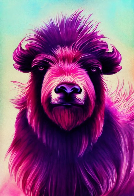 Watercolor portrait of cute muskox land animal