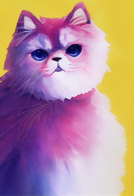 Watercolor portrait of cute Persian cat