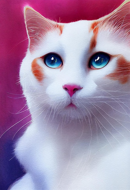 Watercolor portrait of cute Turkish Van cat