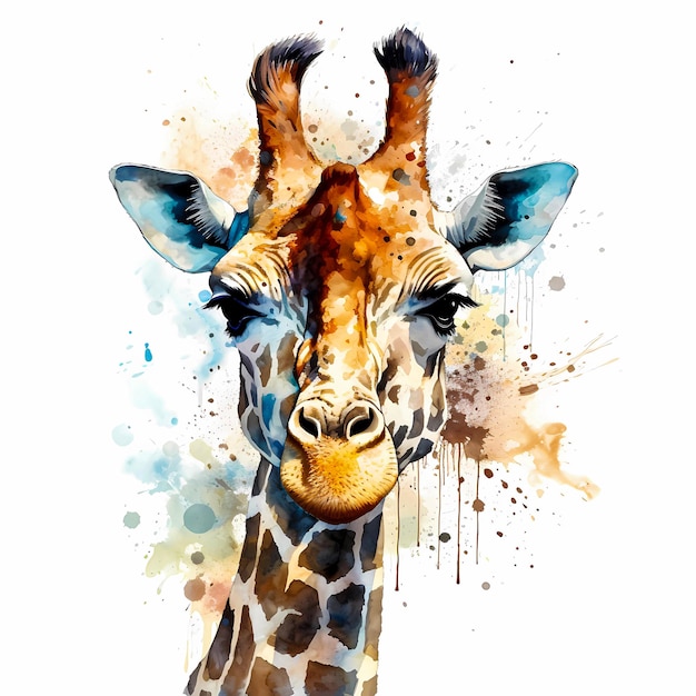 A watercolor portrait of a giraffe on a clean white background