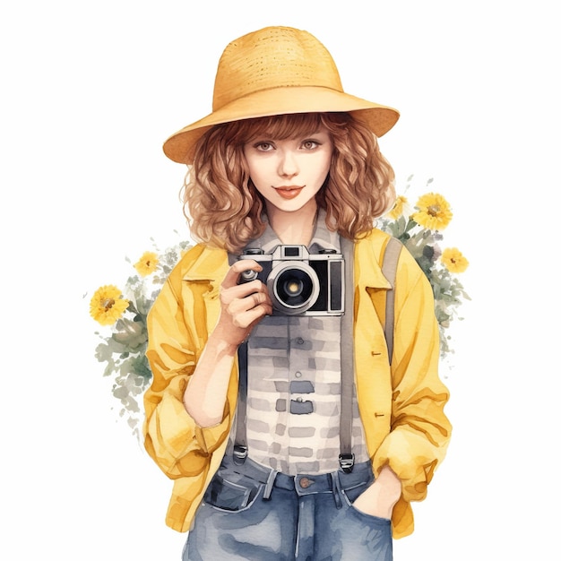 Watercolor Portrait of a Girl Pose Hold A Camera