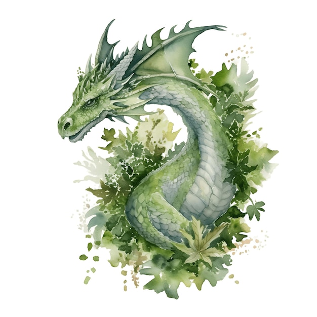 Watercolor portrait of a green dragon in leaves isolated on the background Generative AI