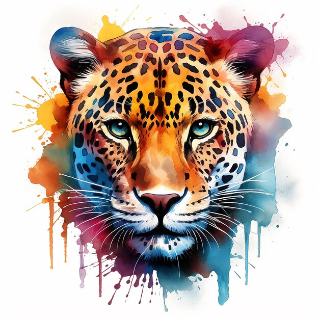 Watercolor Portrait of a Jaguar with Colorful Splashes