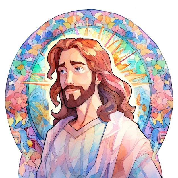 A watercolor portrait of jesus in a stained glass window.