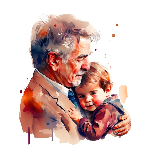 Watercolor portrait of a man and his son