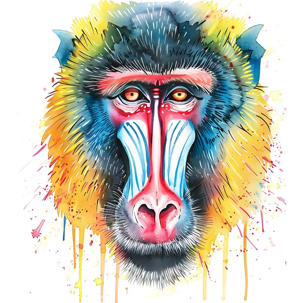 Watercolor Portrait of a Mandrill with Colorful Splashes