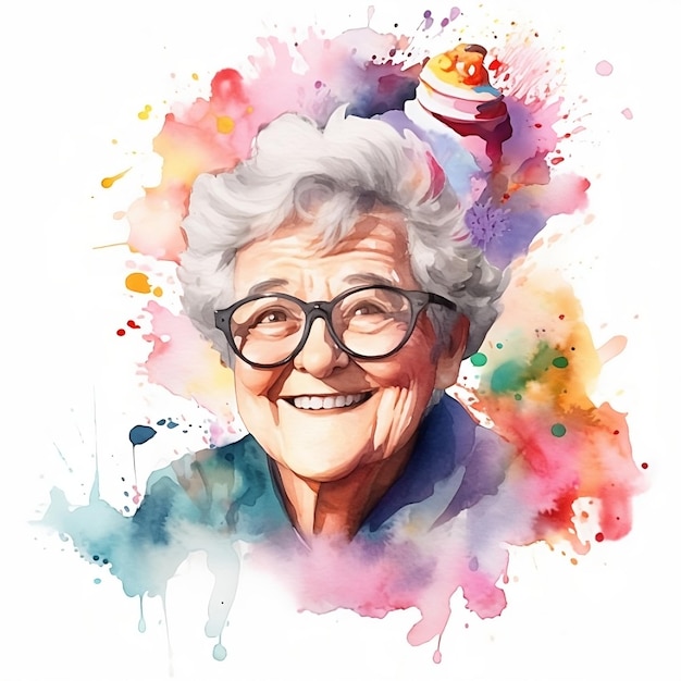 A watercolor portrait of an older woman with glasses and a smile.