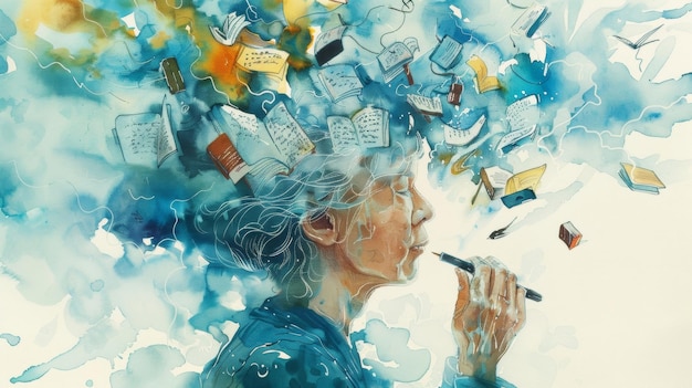 A watercolor portrait of a person holding a pen with illustrations of scenes from the authors past